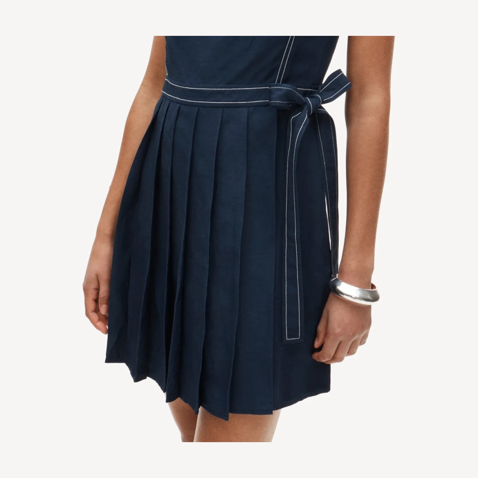 Pleated contrast-stitch side-tie mini dress in linen blend