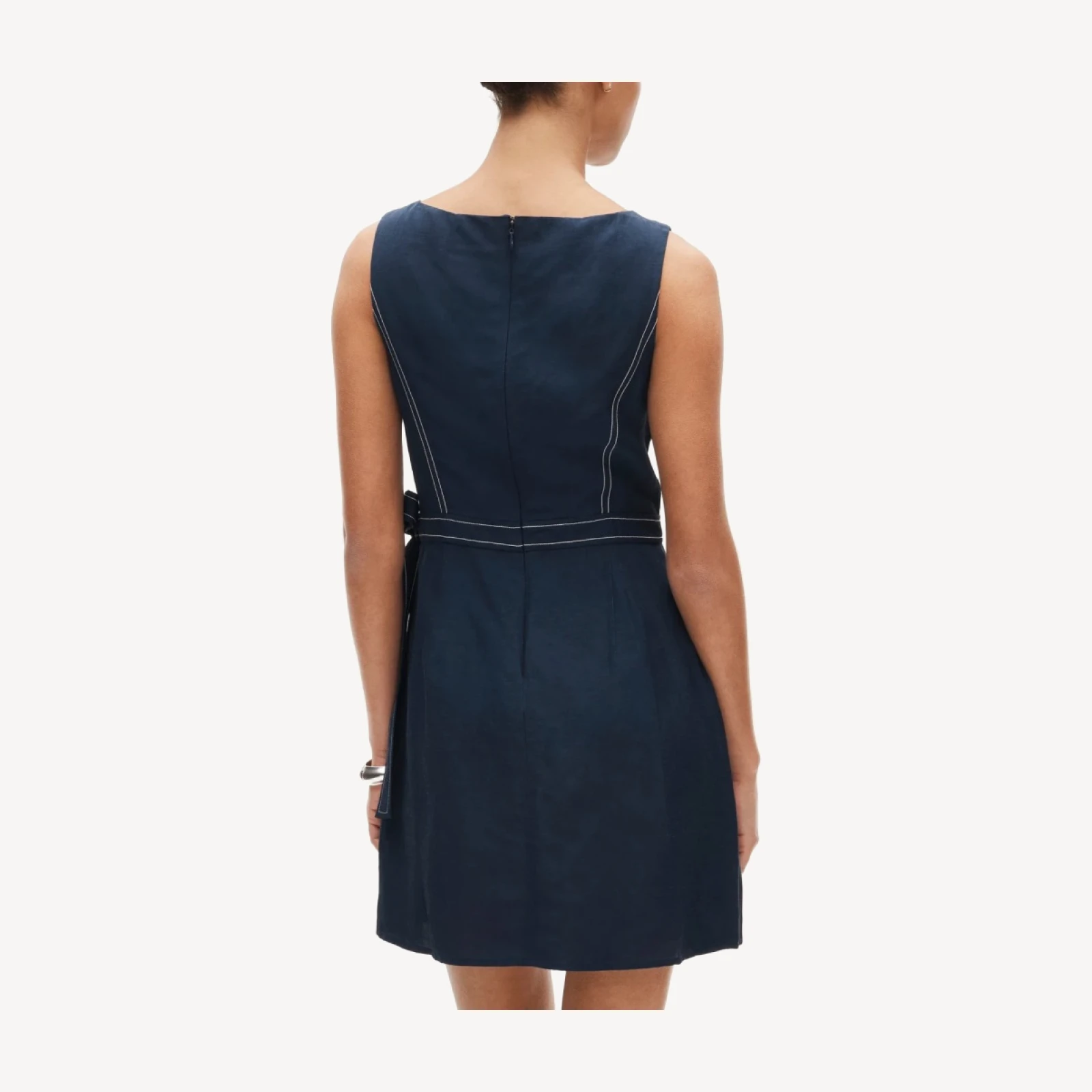Pleated contrast-stitch side-tie mini dress in linen blend