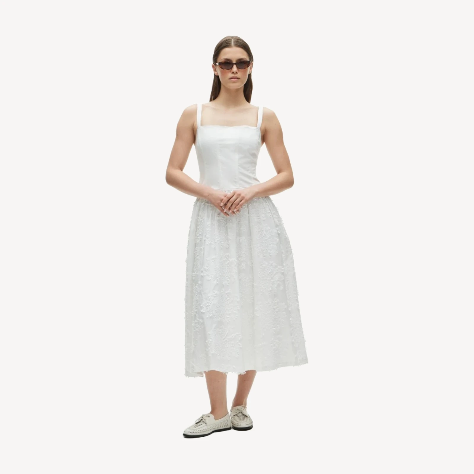 Collection drop-waist dress with embroidered poplin skirt