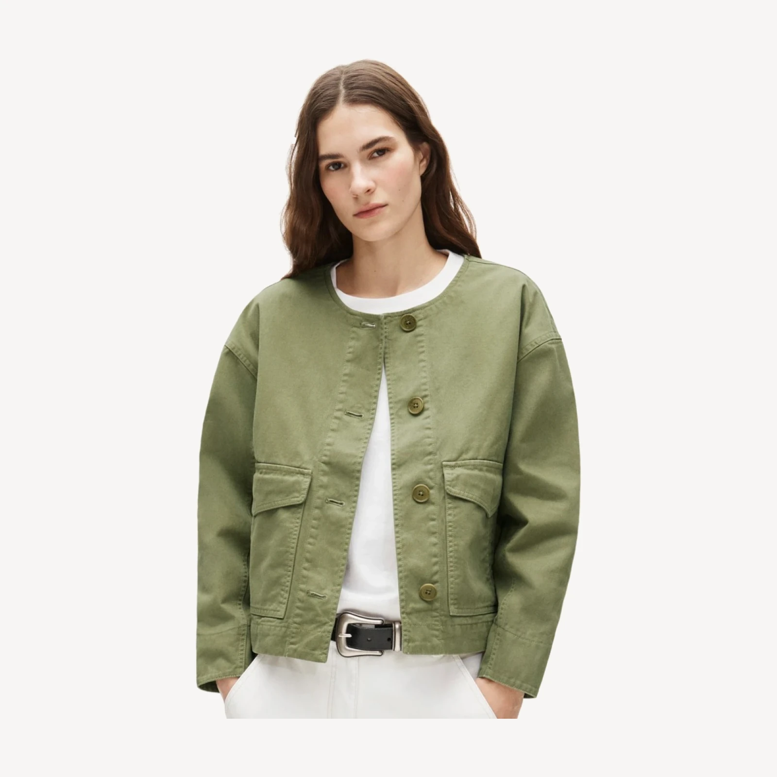 Collarless utility jacket in brushed cotton twill