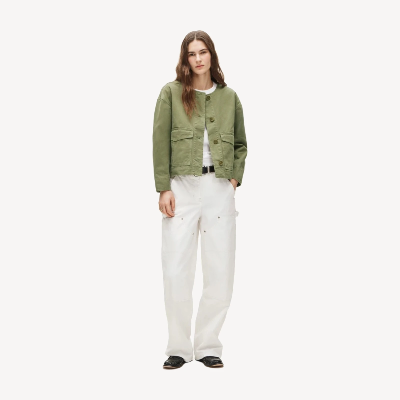Collarless utility jacket in brushed cotton twill