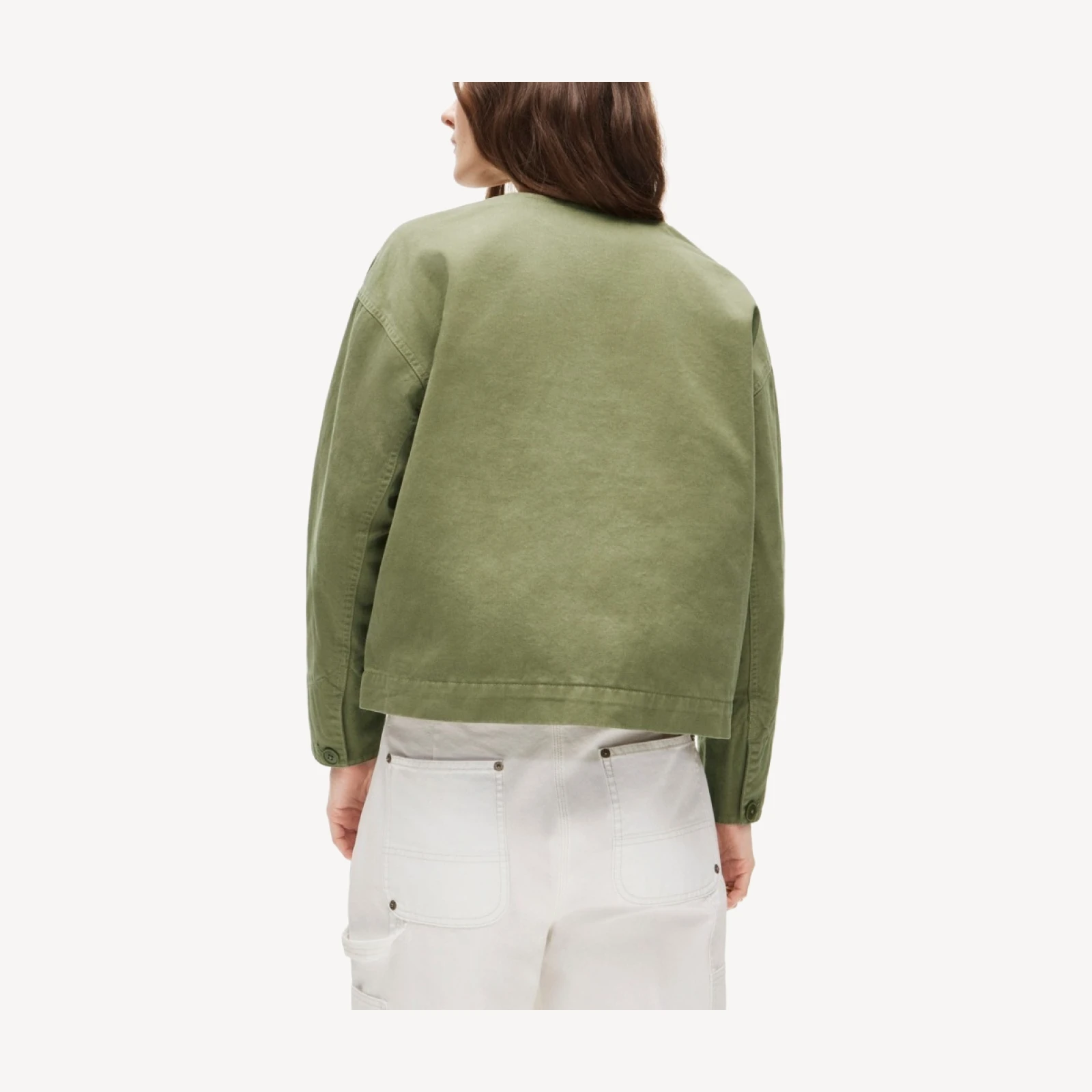 Collarless utility jacket in brushed cotton twill