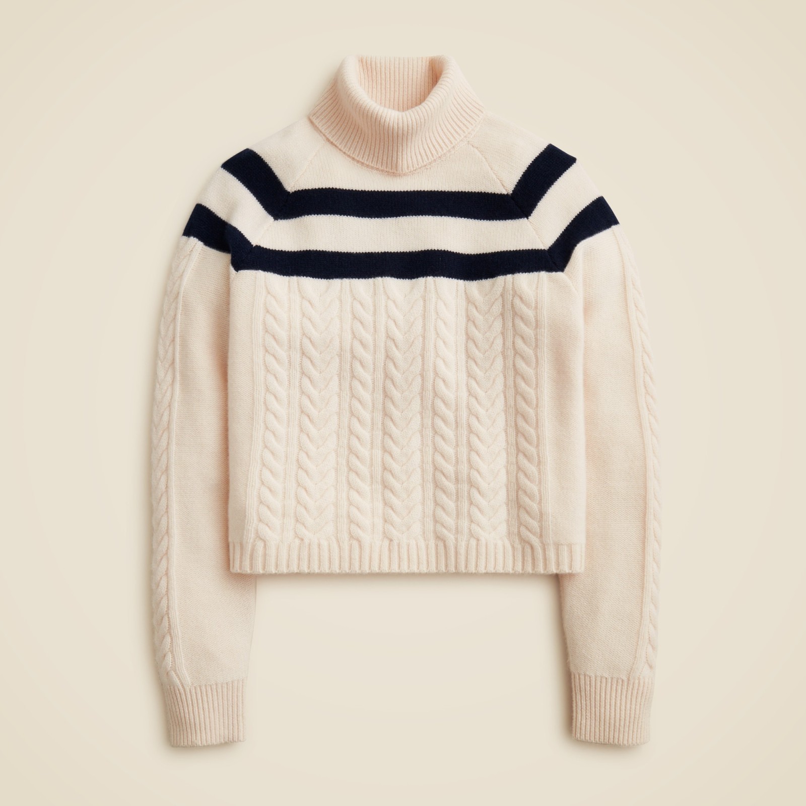 Cashmere cable-knit turtleneck sweater with contrast stripe