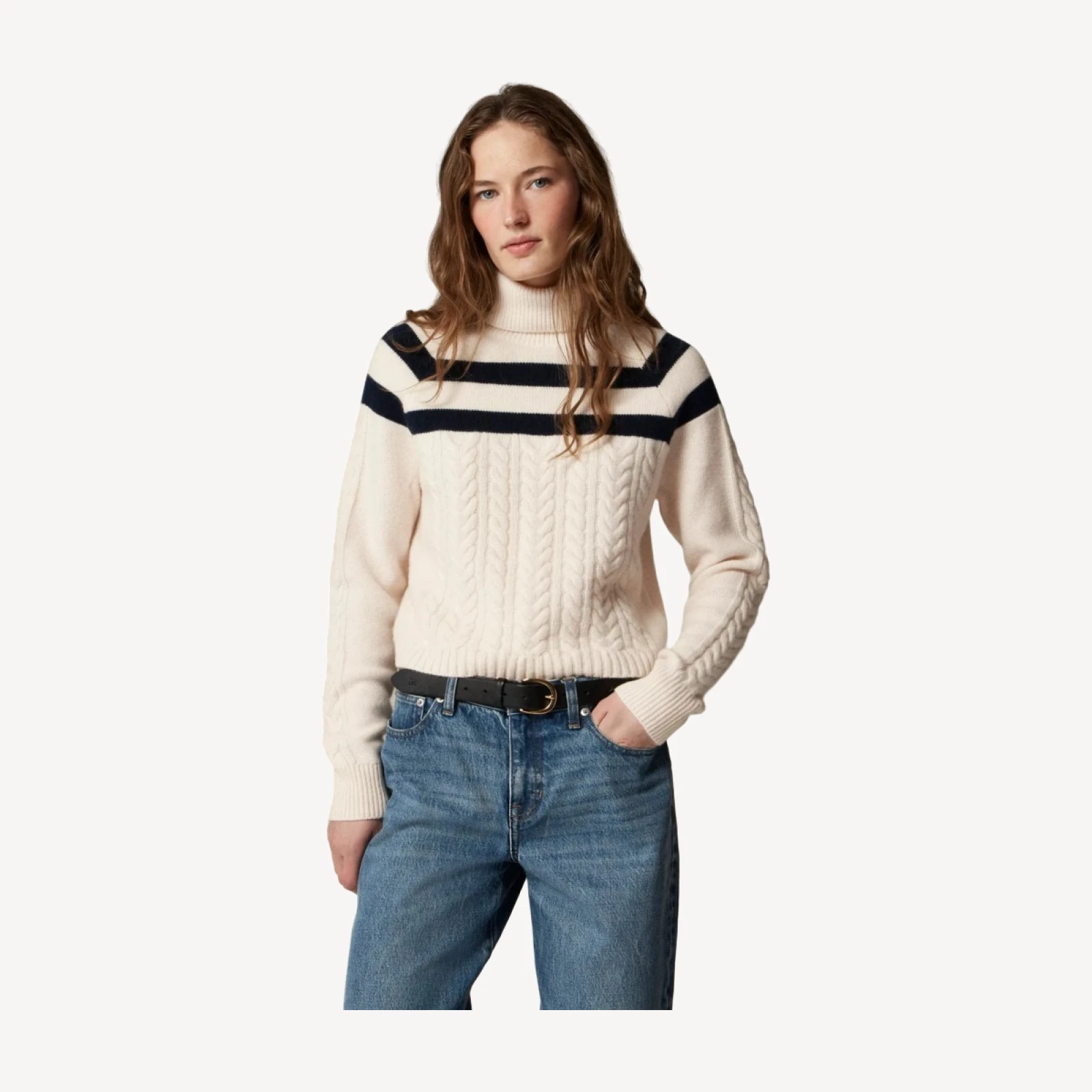 Cashmere cable-knit turtleneck sweater with contrast stripe