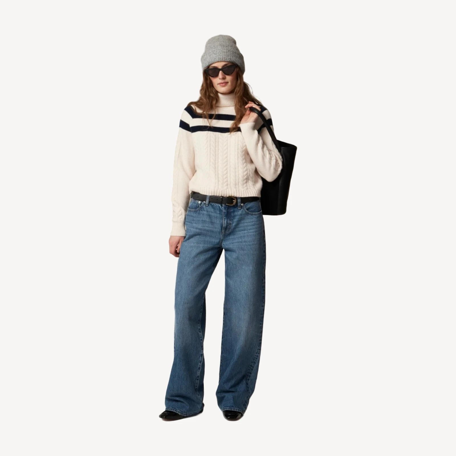Cashmere cable-knit turtleneck sweater with contrast stripe