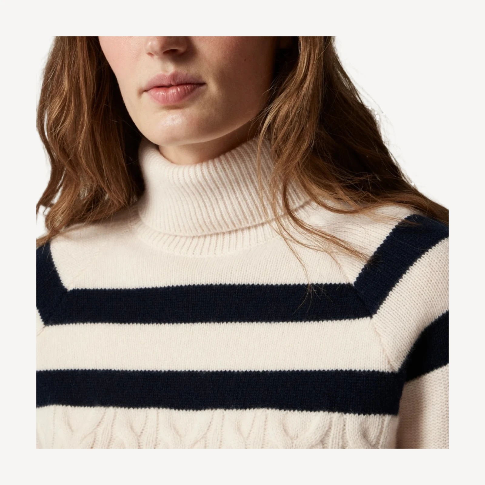 Cashmere cable-knit turtleneck sweater with contrast stripe