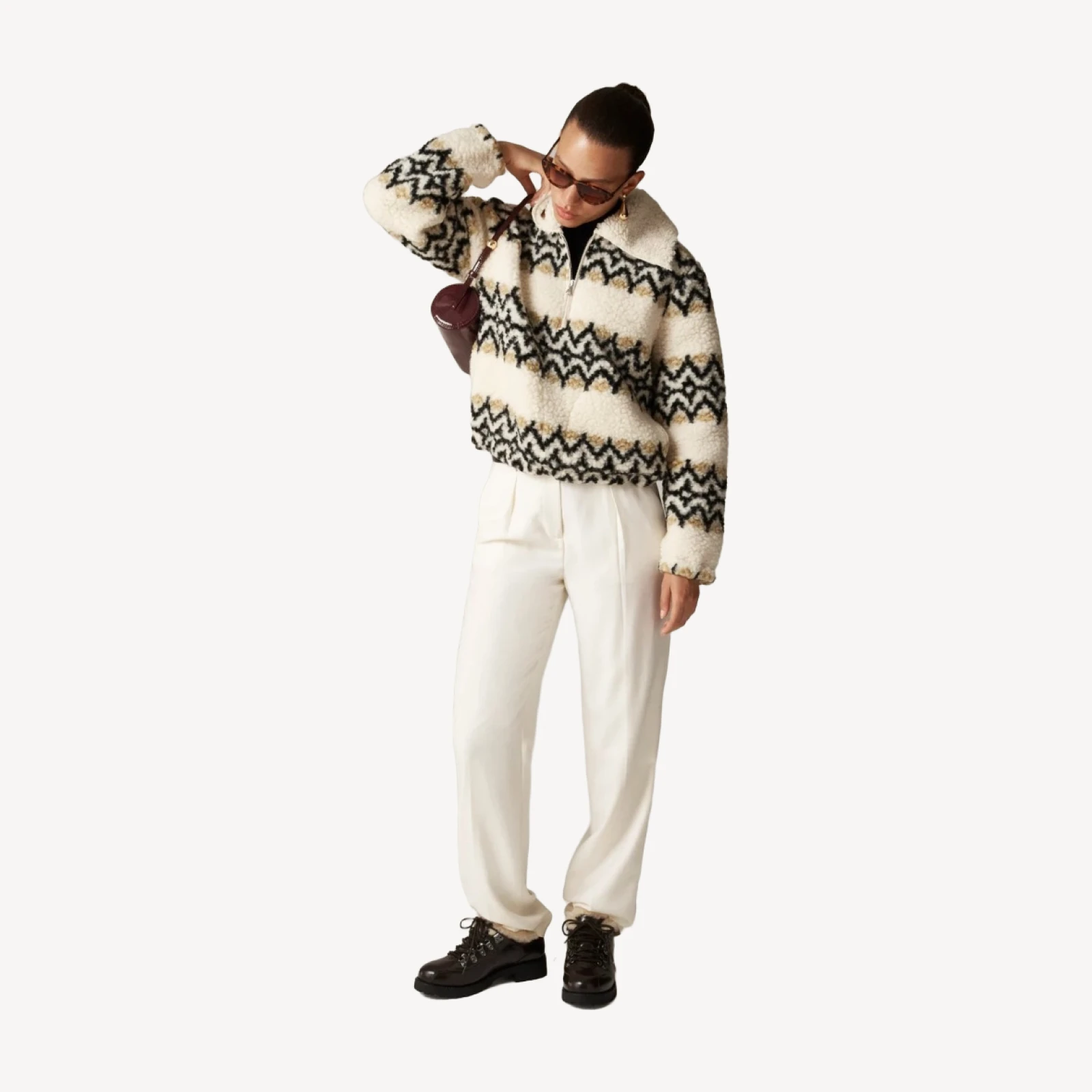 Jacquard-print sherpa half-zip fleece pullover