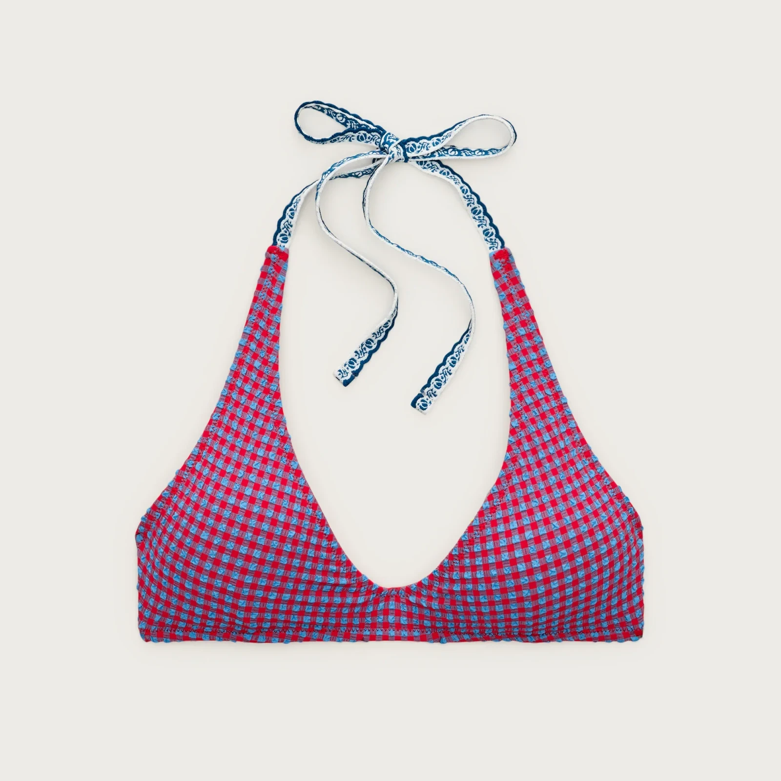 Halter-neck bikini top in scalloped gingham