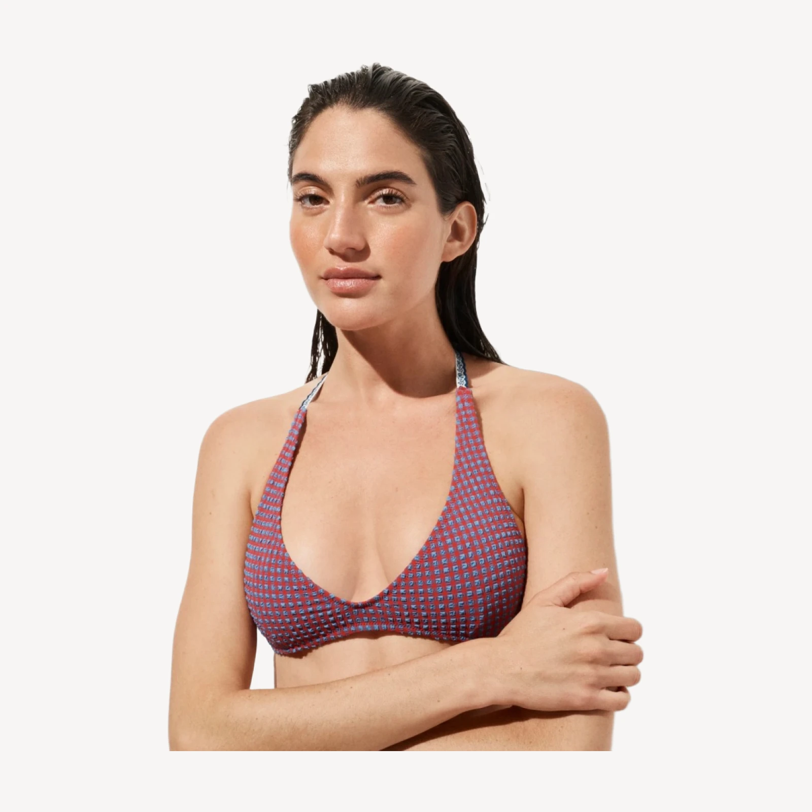 Halter-neck bikini top in scalloped gingham