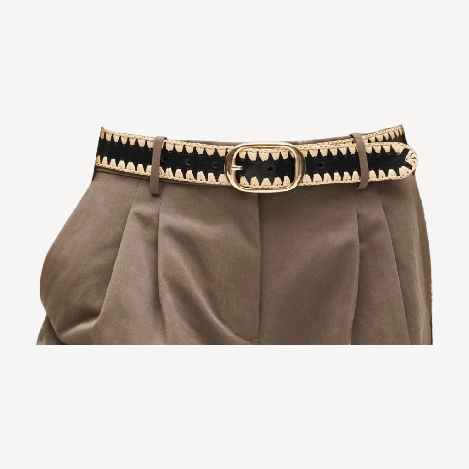 Oval buckle belt in leather and faux raffia
