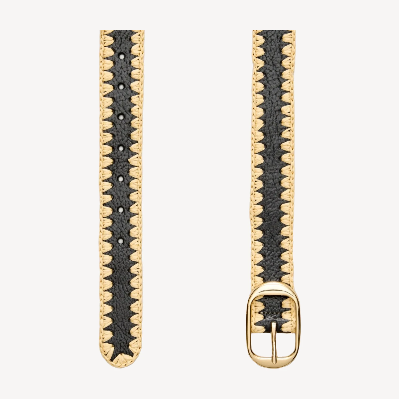 Oval buckle belt in leather and faux raffia