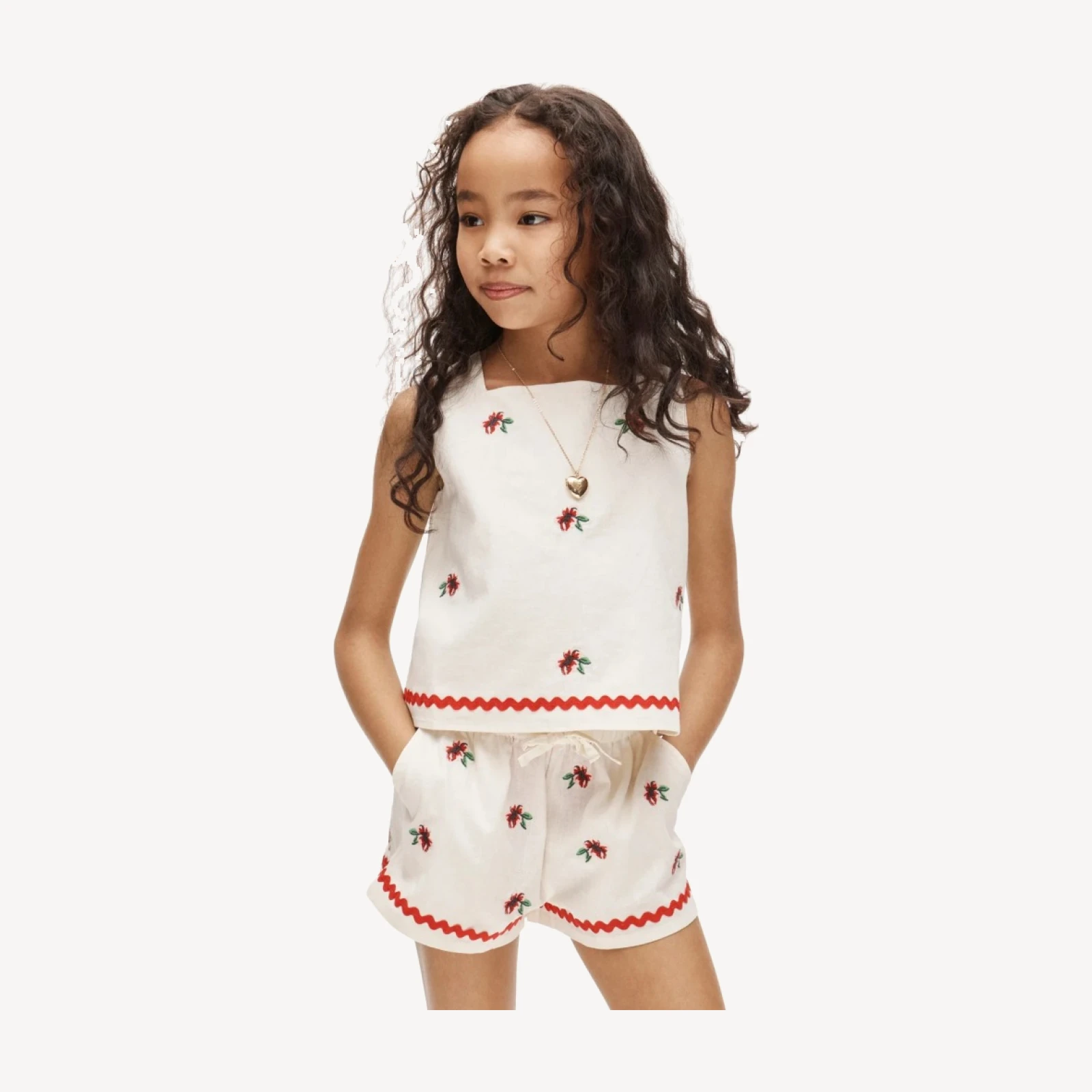 Girls' embroidered floral top in linen blend
