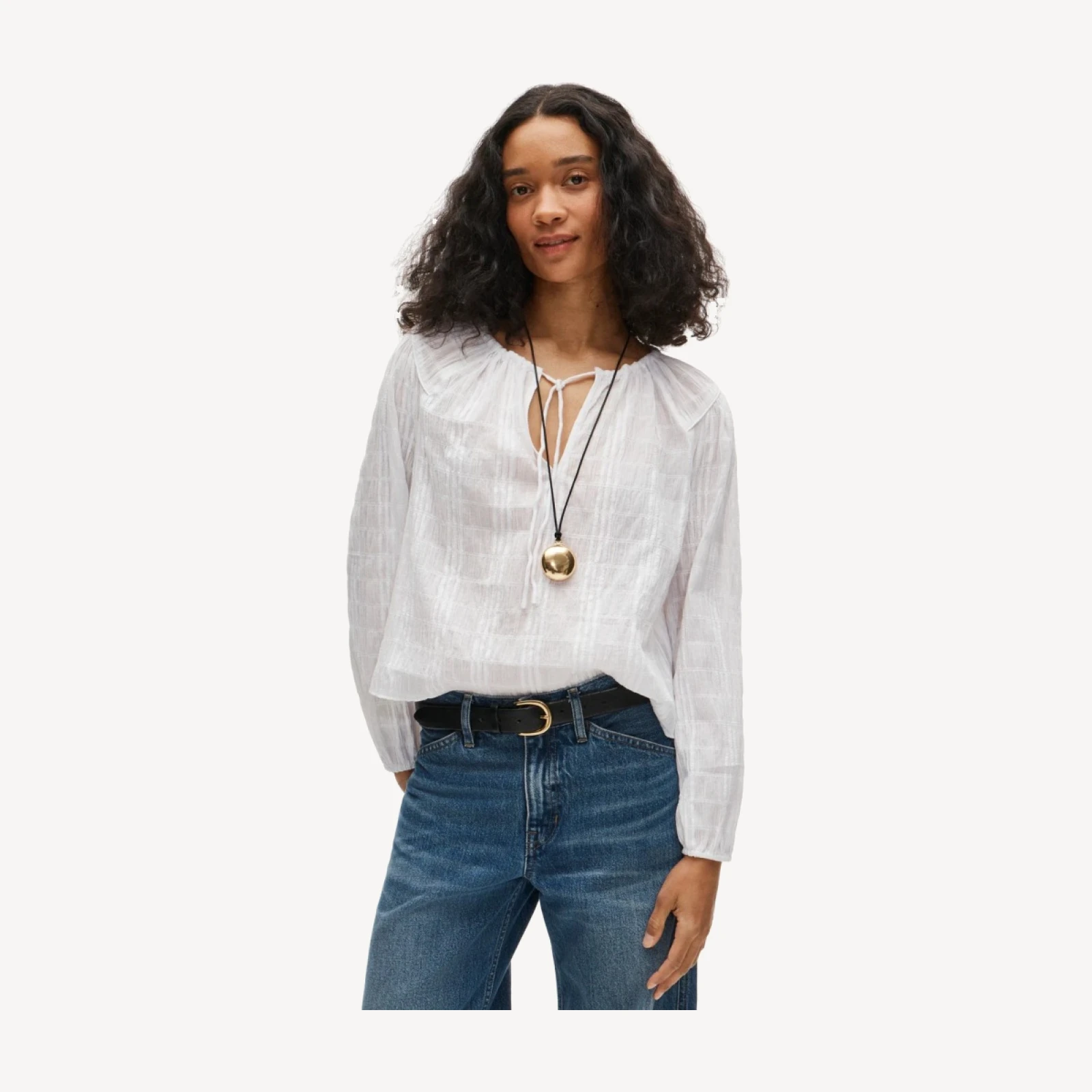Tie-front popover top in seersucker