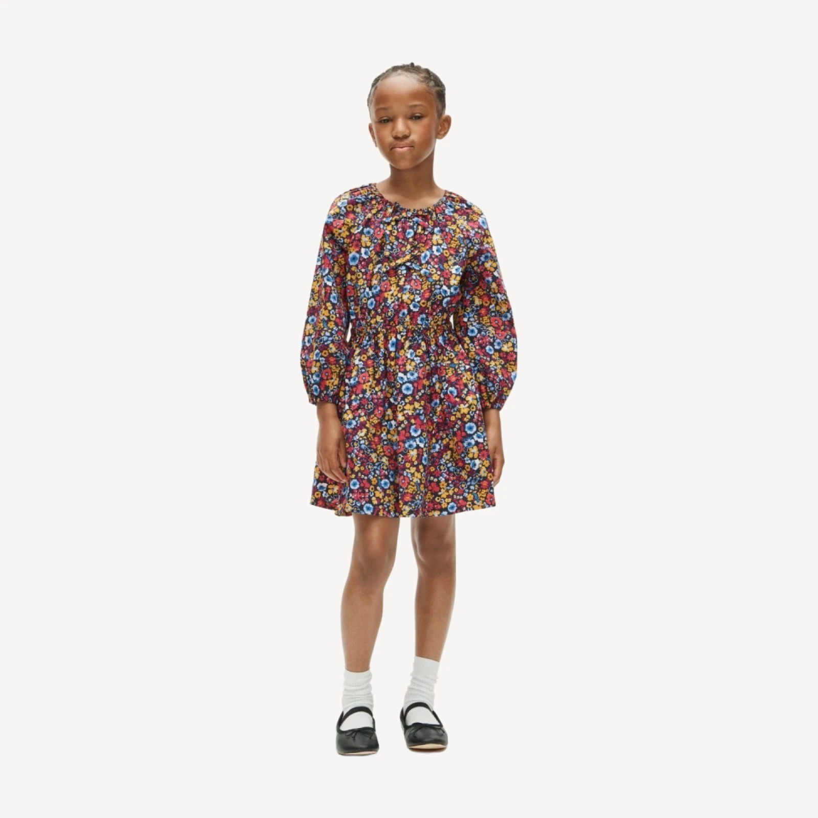 Girls' puff-sleeve dress in autumn floral
