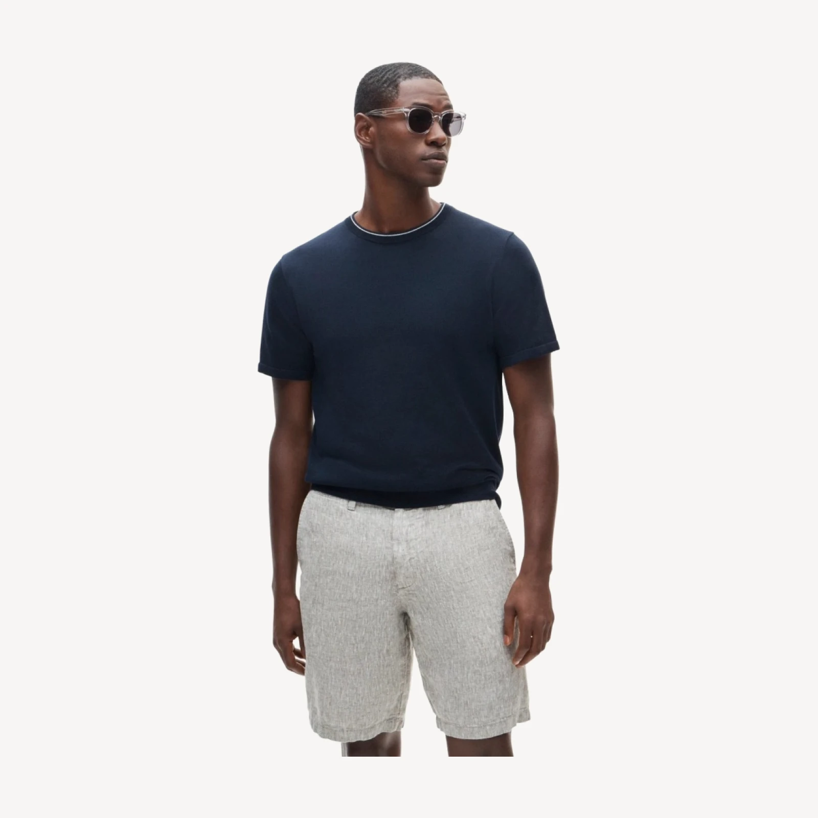 Short-sleeve tipped crewneck sweater in Pima cotton