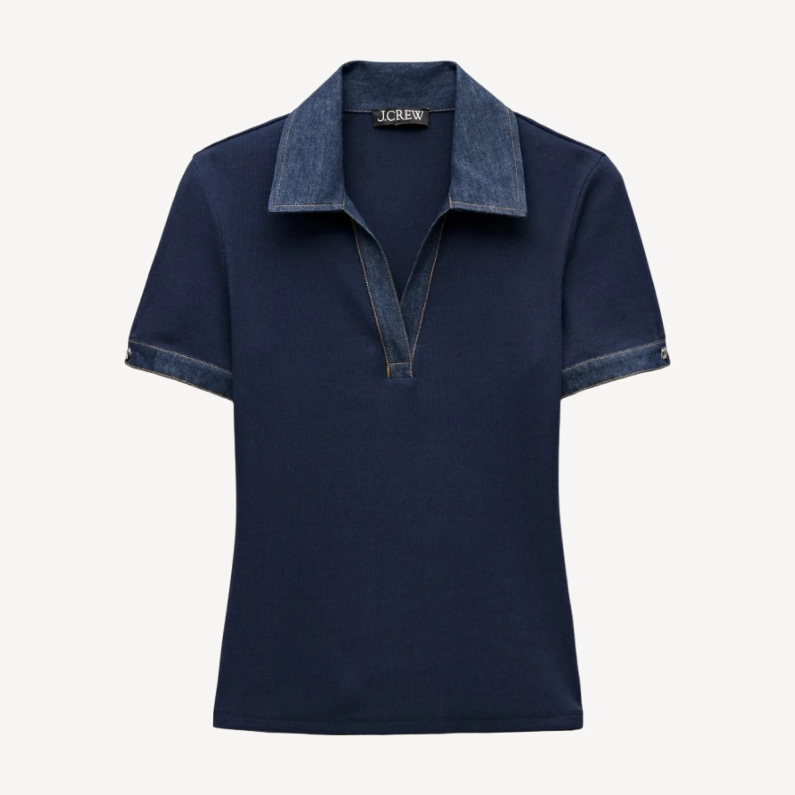Perfect rib johnny-collar top with denim trim