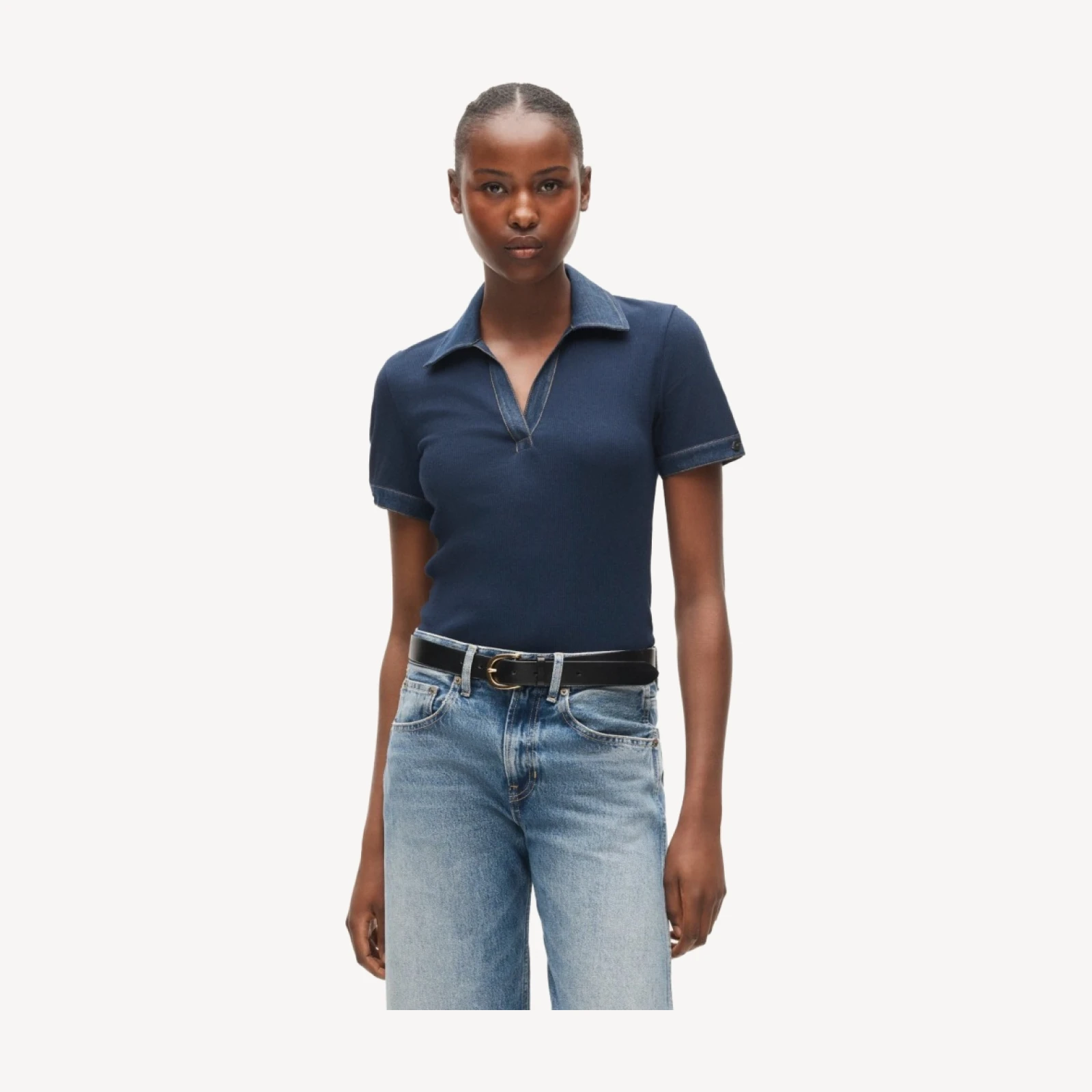 Perfect rib johnny-collar top with denim trim