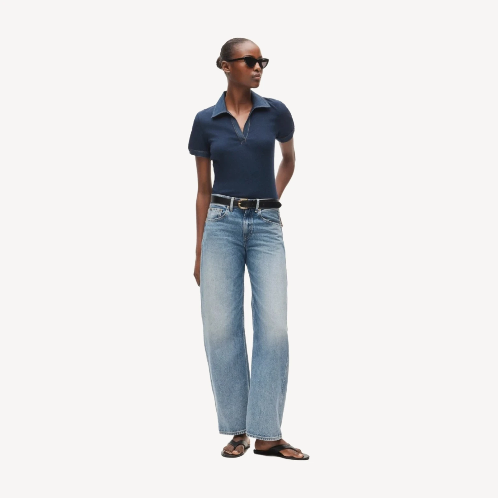 Perfect rib johnny-collar top with denim trim