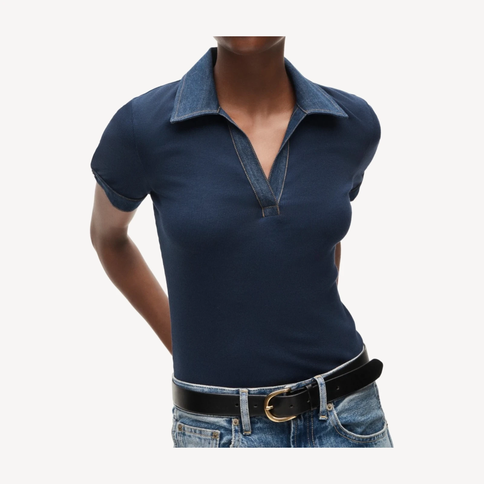 Perfect rib johnny-collar top with denim trim