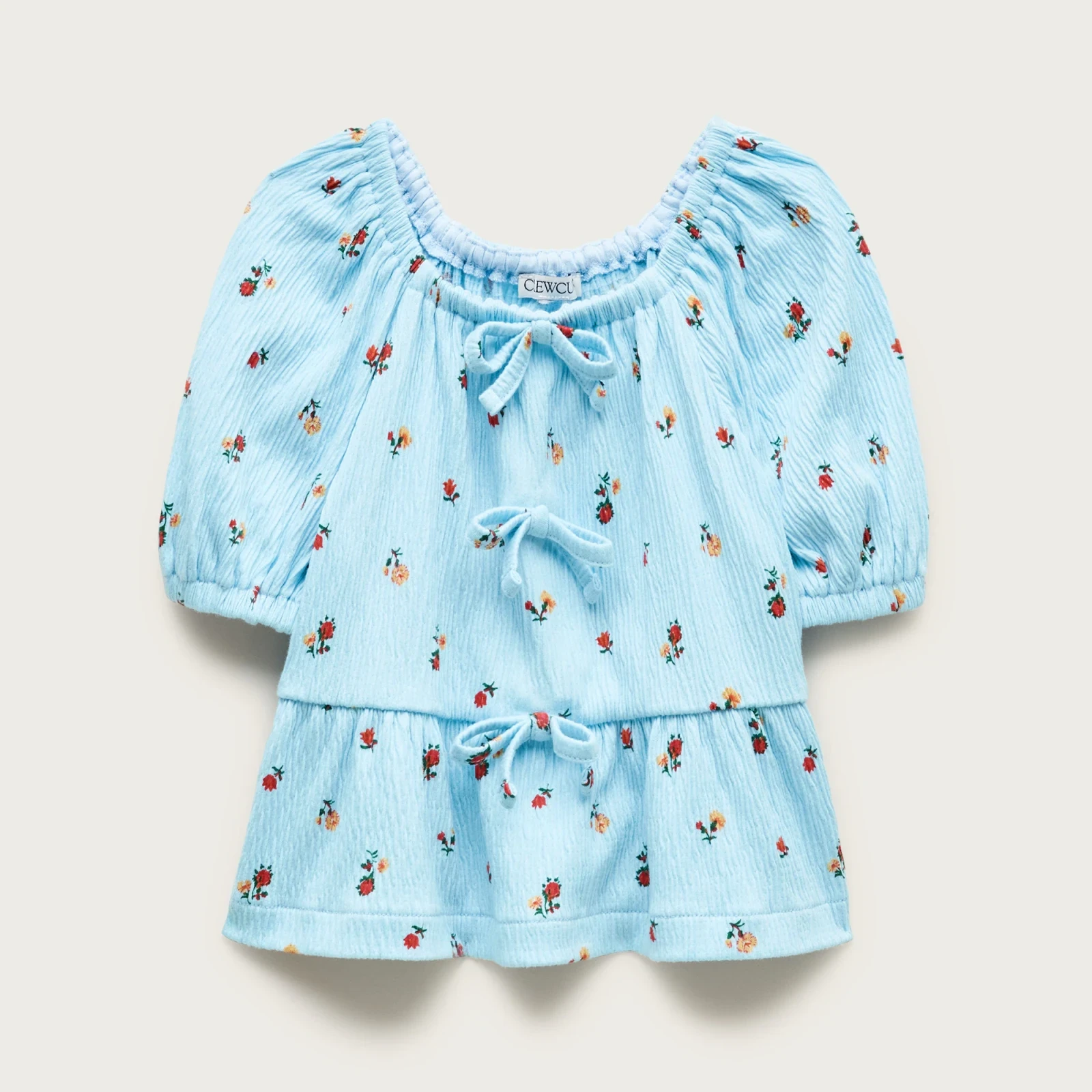 Girls' puff-sleeve top in crinkle jersey