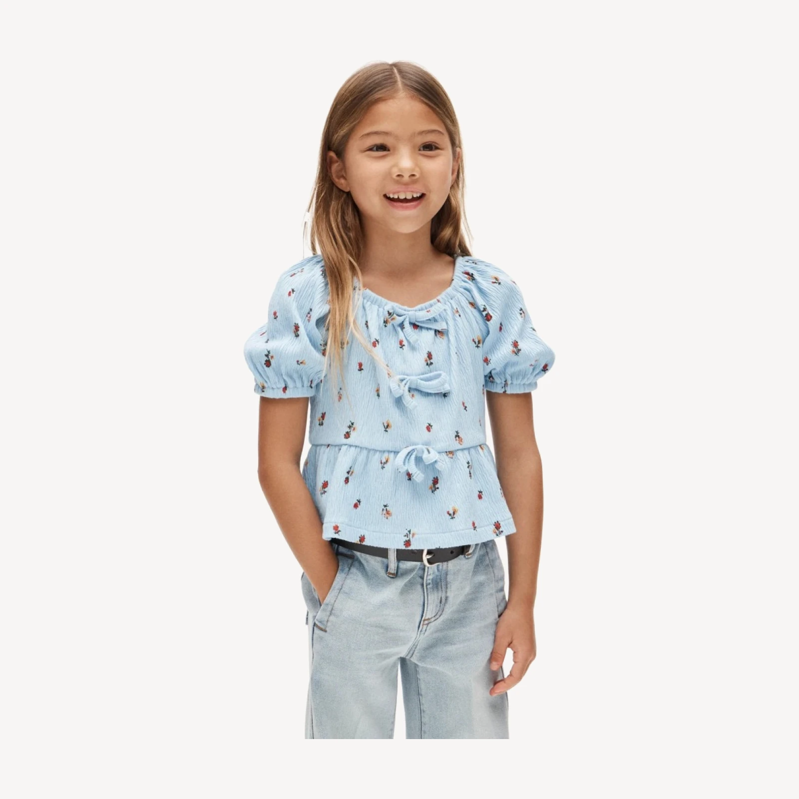 Girls' puff-sleeve top in crinkle jersey