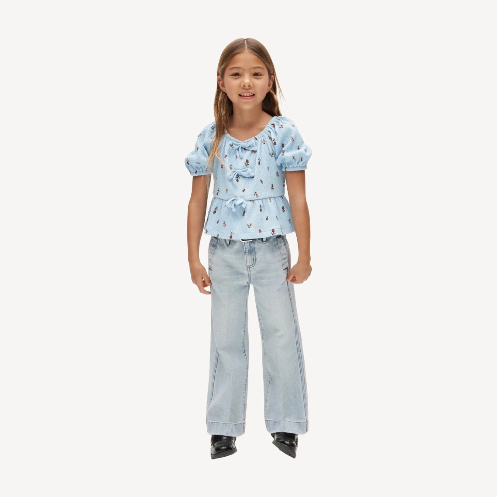 Girls' puff-sleeve top in crinkle jersey