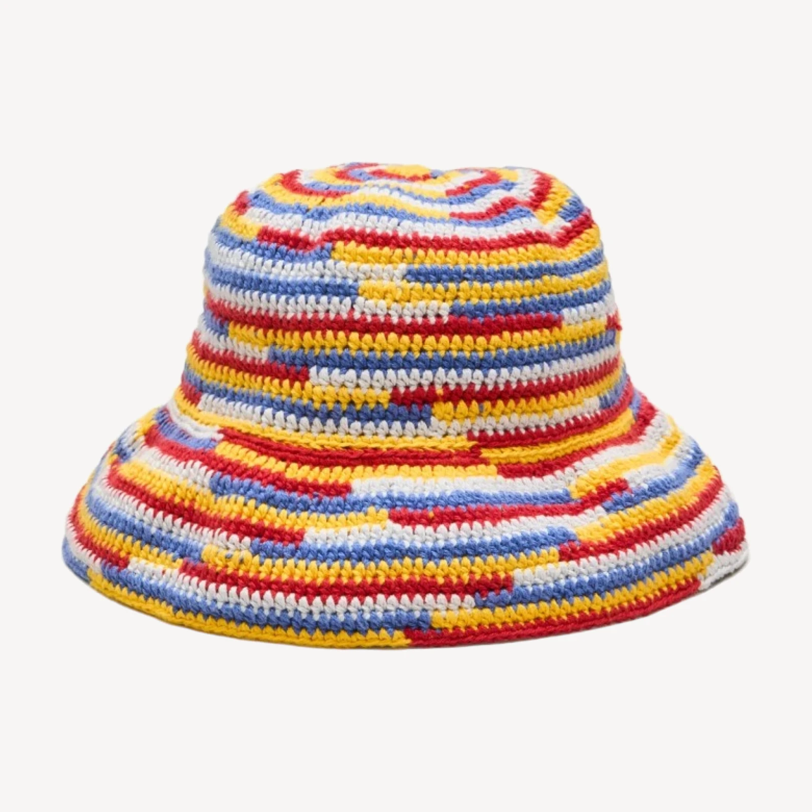 Wide-brim crochet bucket hat in striped cotton