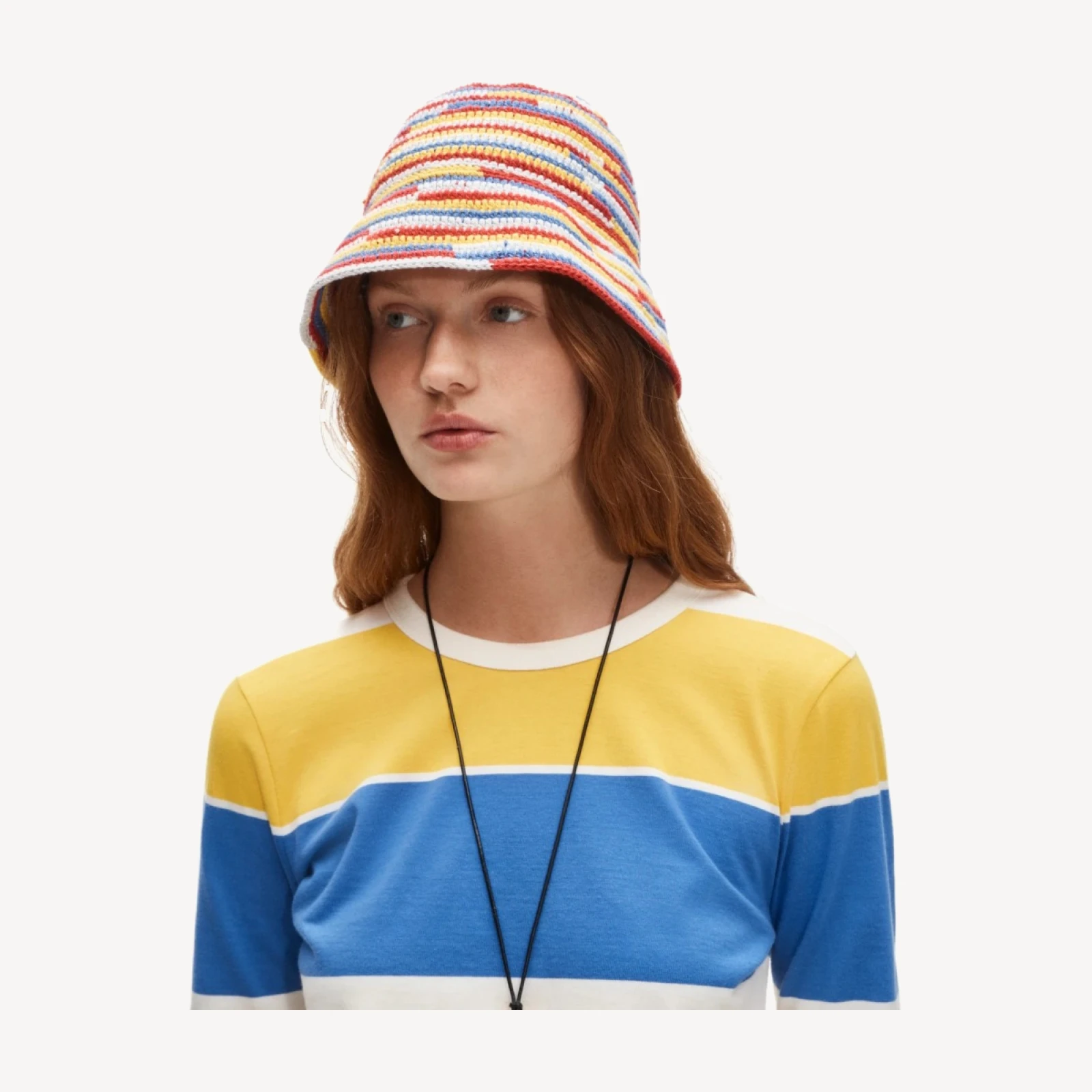 Wide-brim crochet bucket hat in striped cotton
