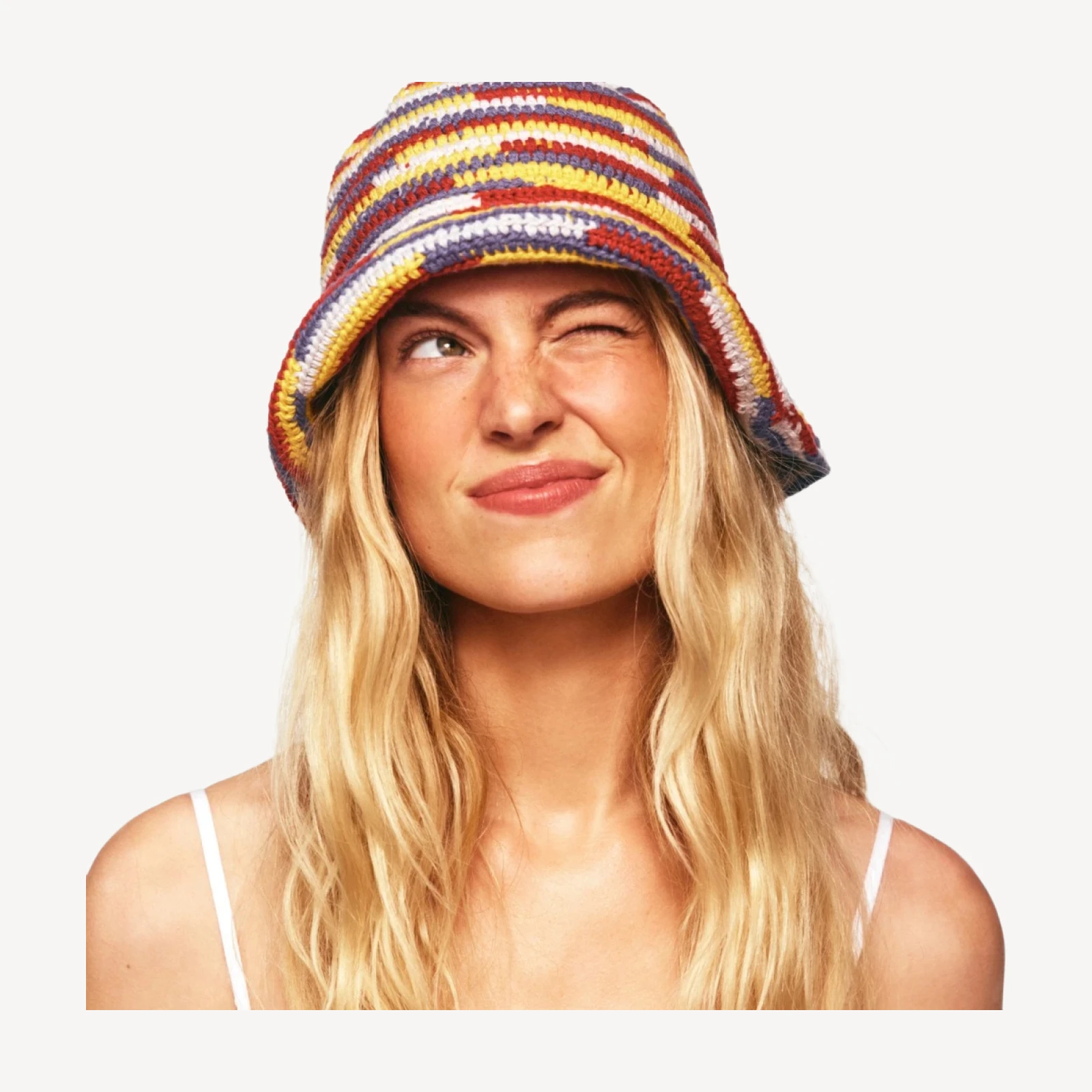 Wide-brim crochet bucket hat in striped cotton