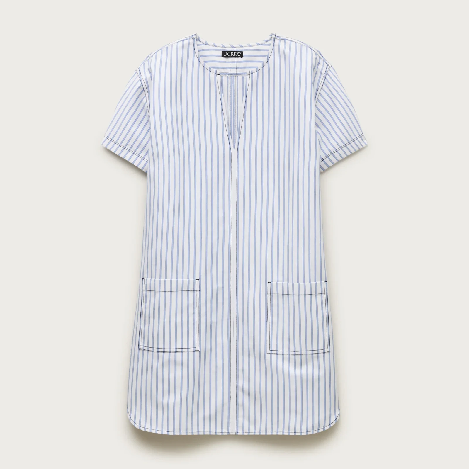 Patch-pocket pullover dress in striped structured cotton poplin
