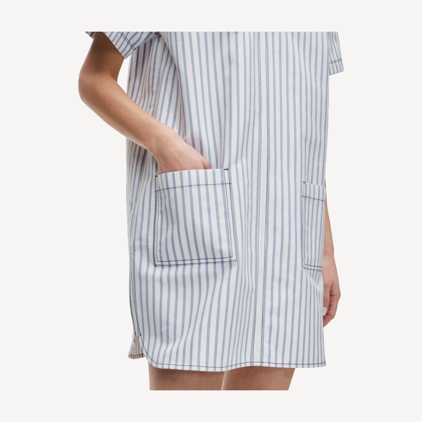 Patch-pocket pullover dress in striped structured cotton poplin
