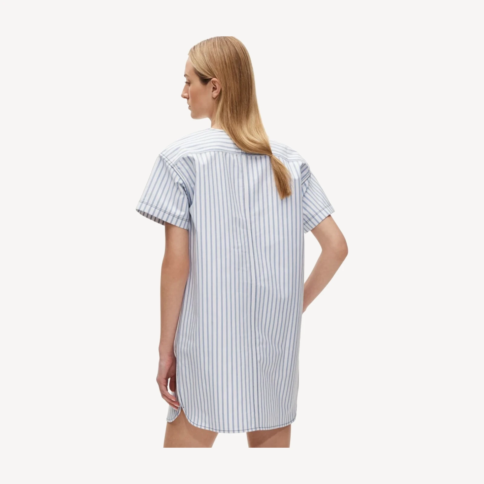 Patch-pocket pullover dress in striped structured cotton poplin