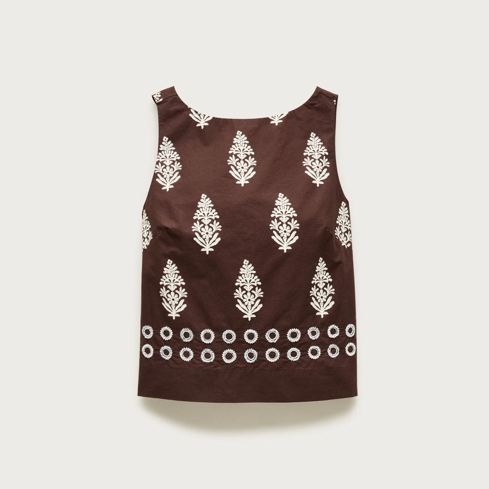 Beaded shell top in cocoa block print