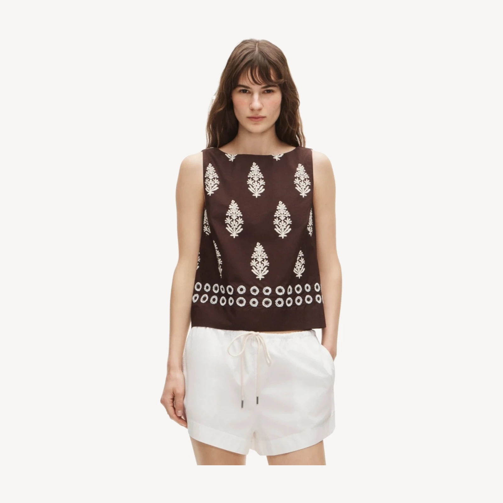 Beaded shell top in cocoa block print