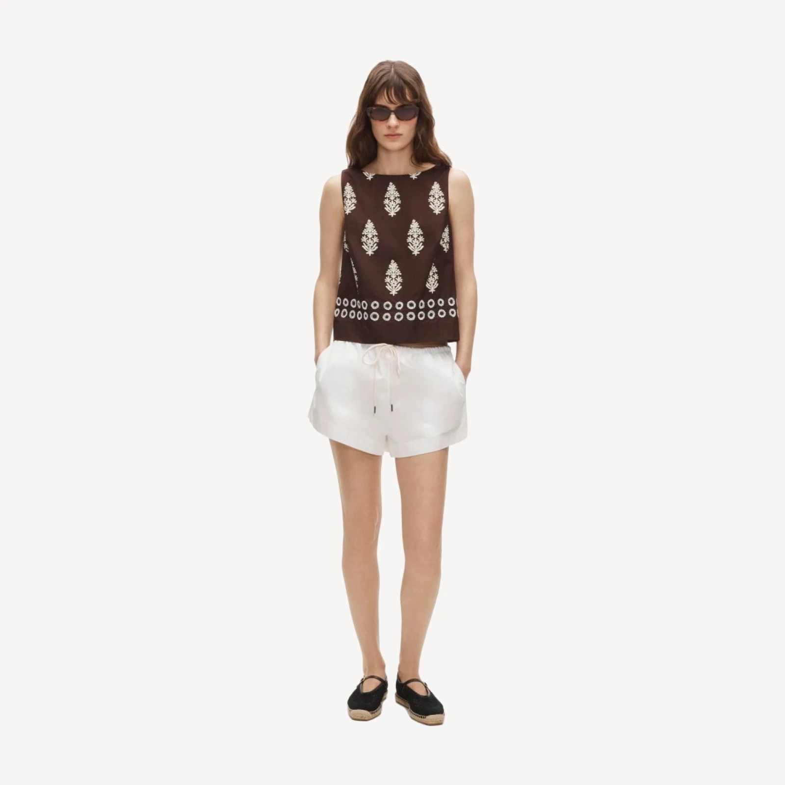 Beaded shell top in cocoa block print