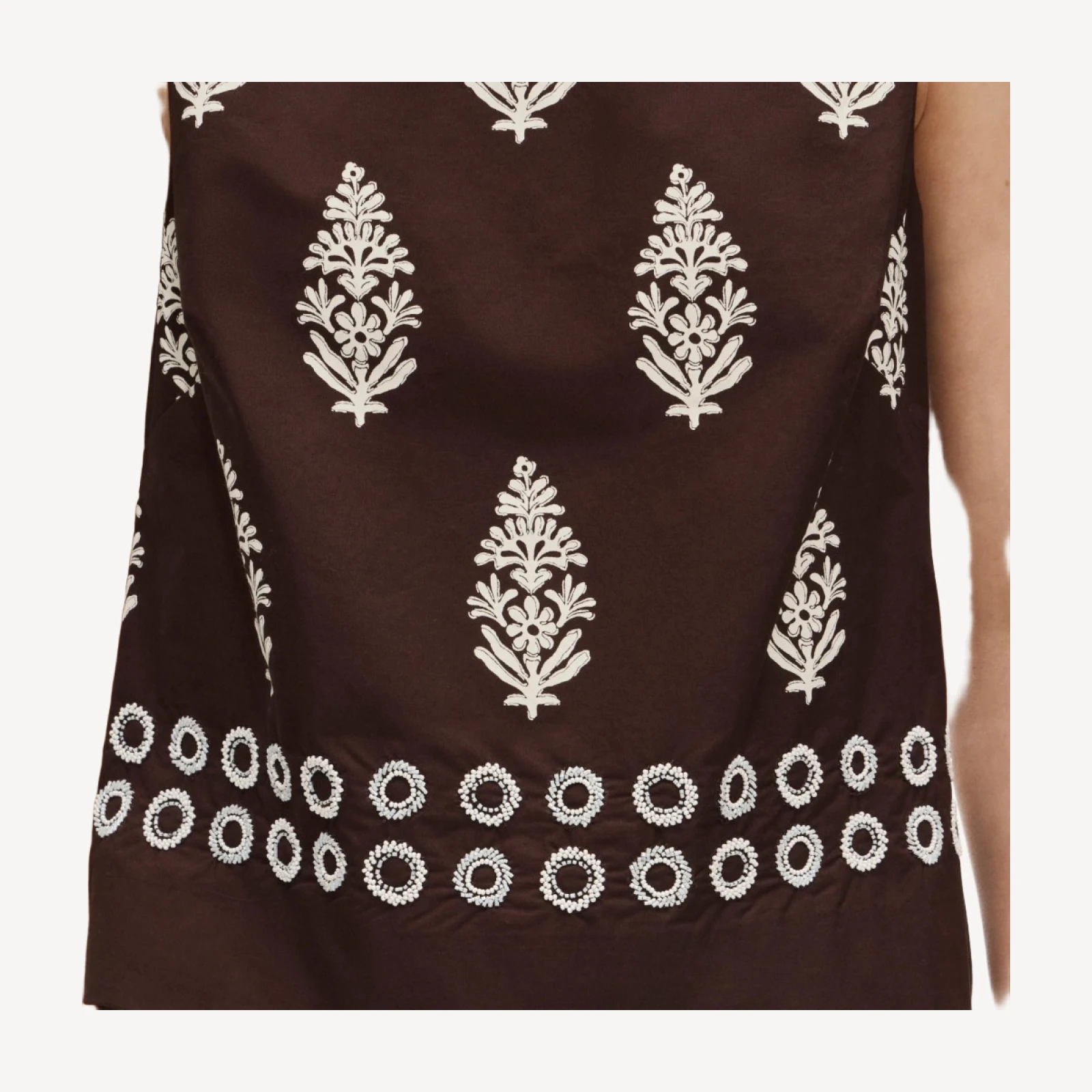 Beaded shell top in cocoa block print