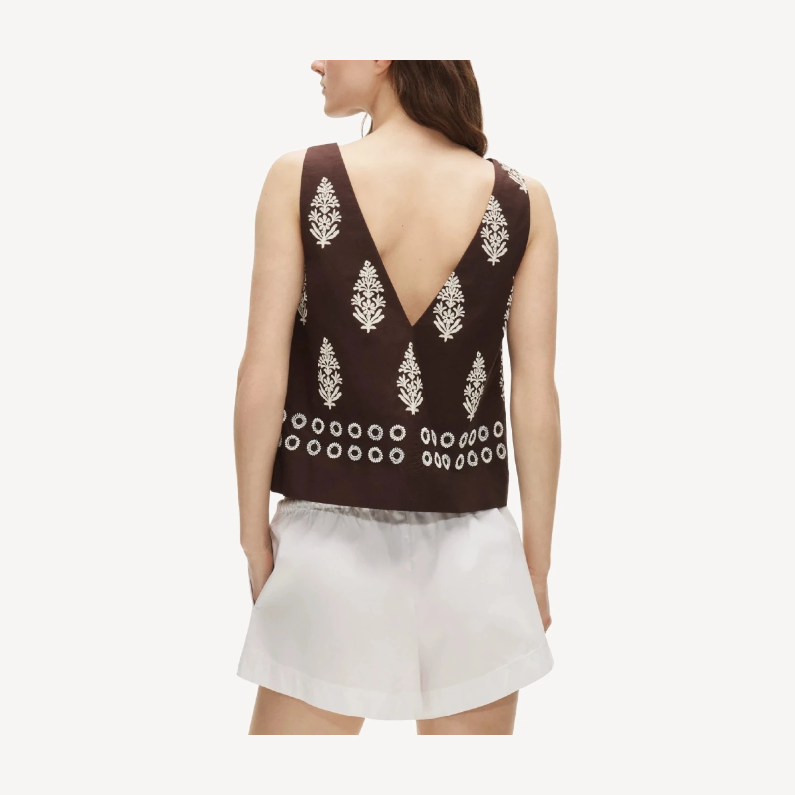 Beaded shell top in cocoa block print