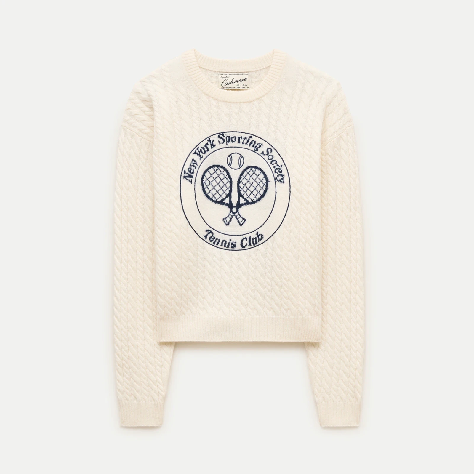 Perfect cashmere cable-knit crewneck with "Tennis Club" intarsia