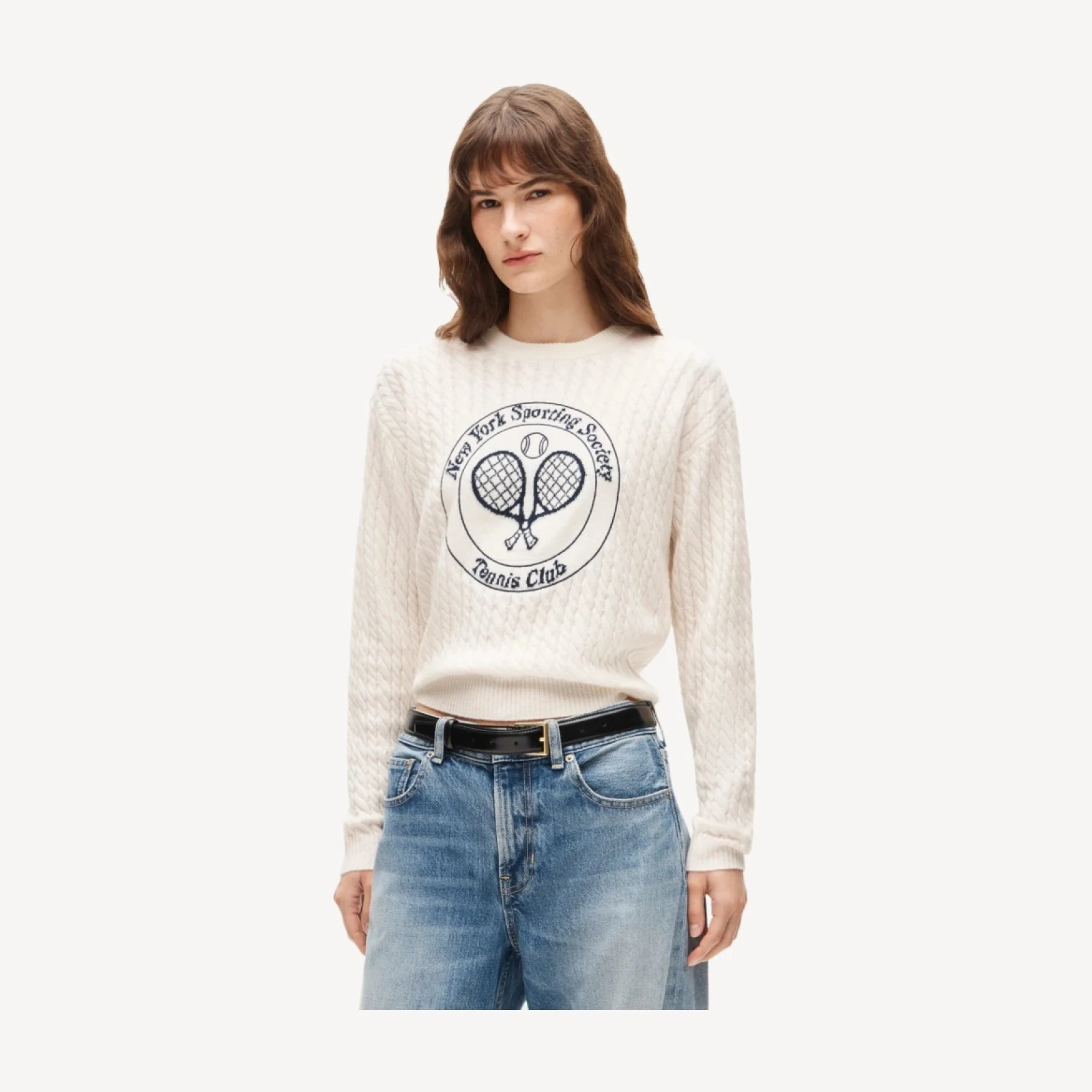 Perfect cashmere cable-knit crewneck with "Tennis Club" intarsia