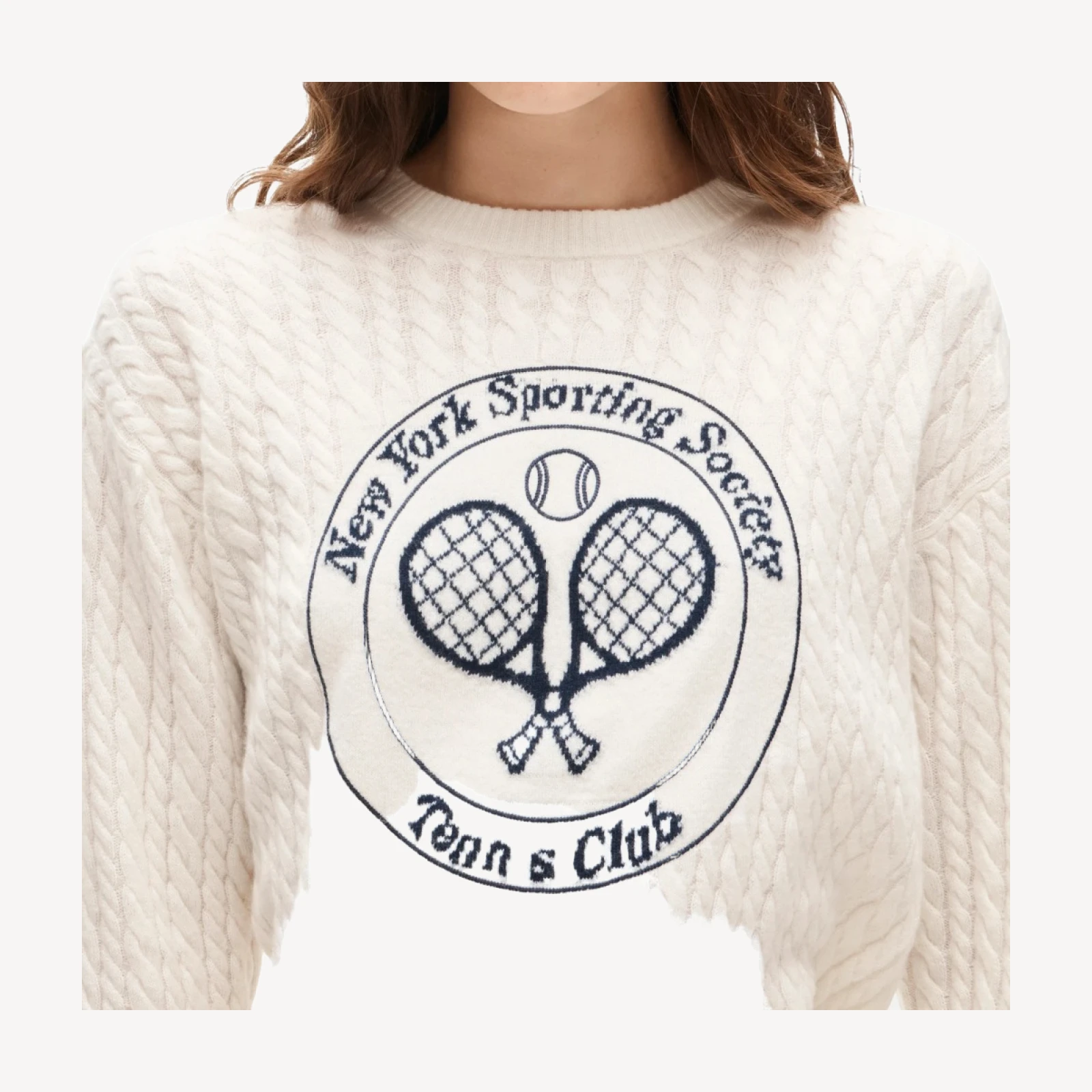 Perfect cashmere cable-knit crewneck with "Tennis Club" intarsia