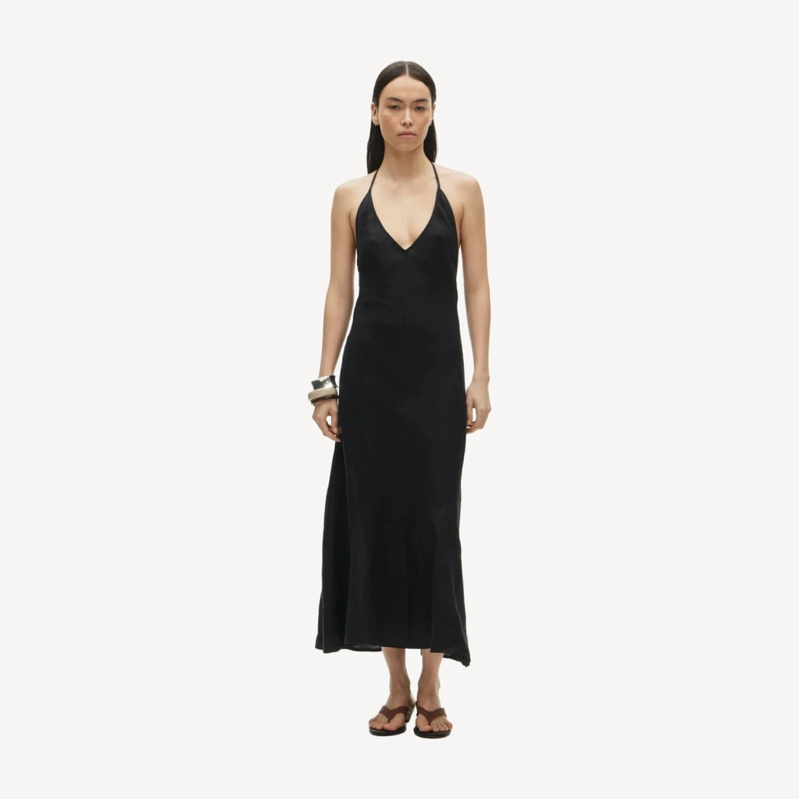 V-neck halter dress in saffron linen