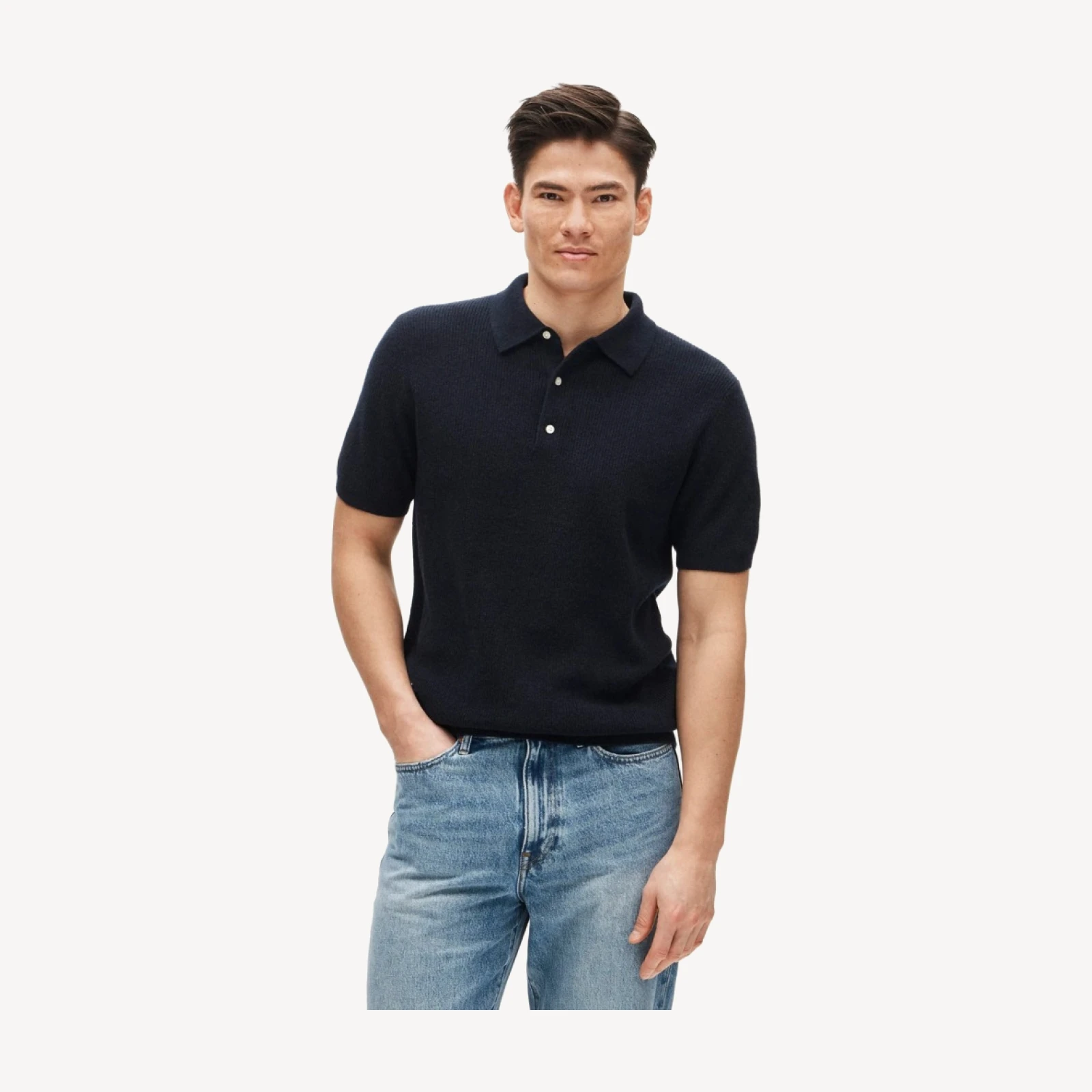 Short-sleeve cashmere rib-knit sweater-polo