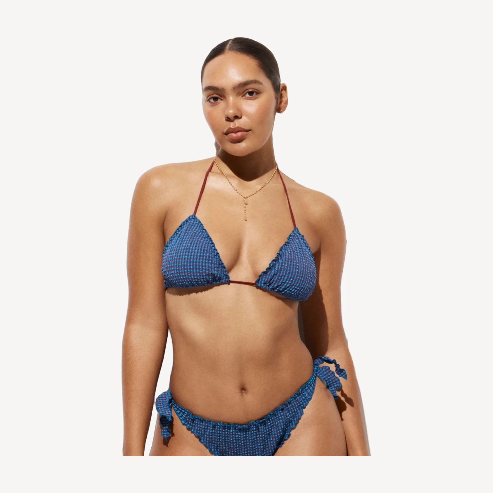 Lettuce-trim string bikini top in gingham