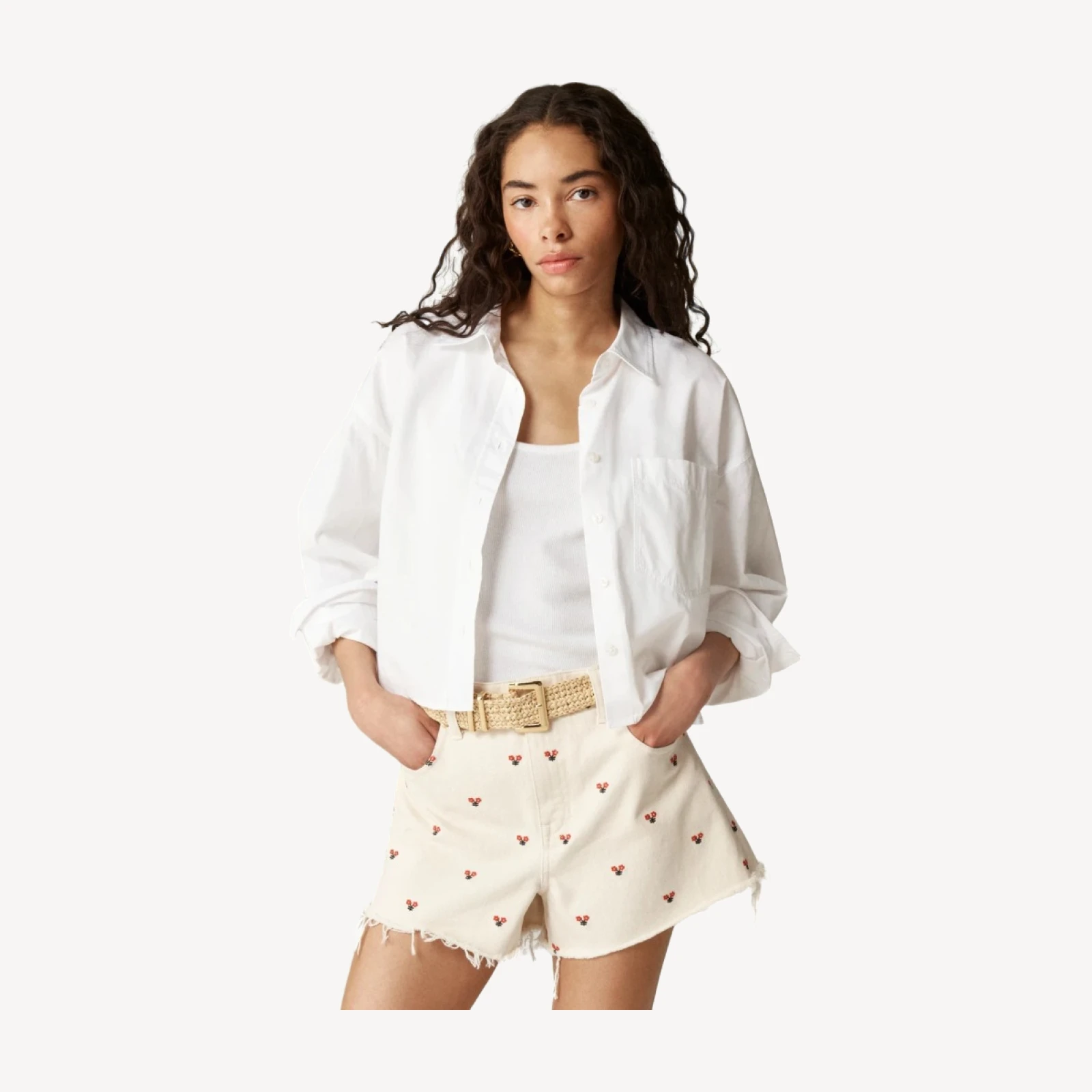Embroidered lower-rise denim short