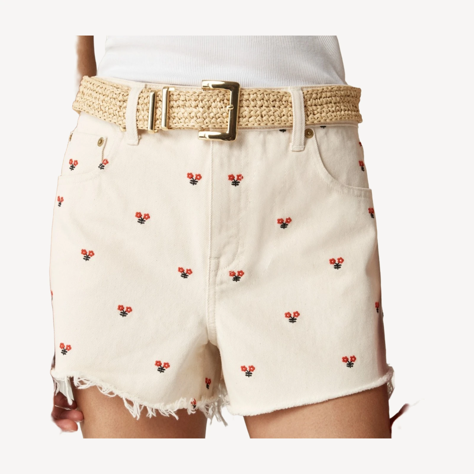 Embroidered lower-rise denim short