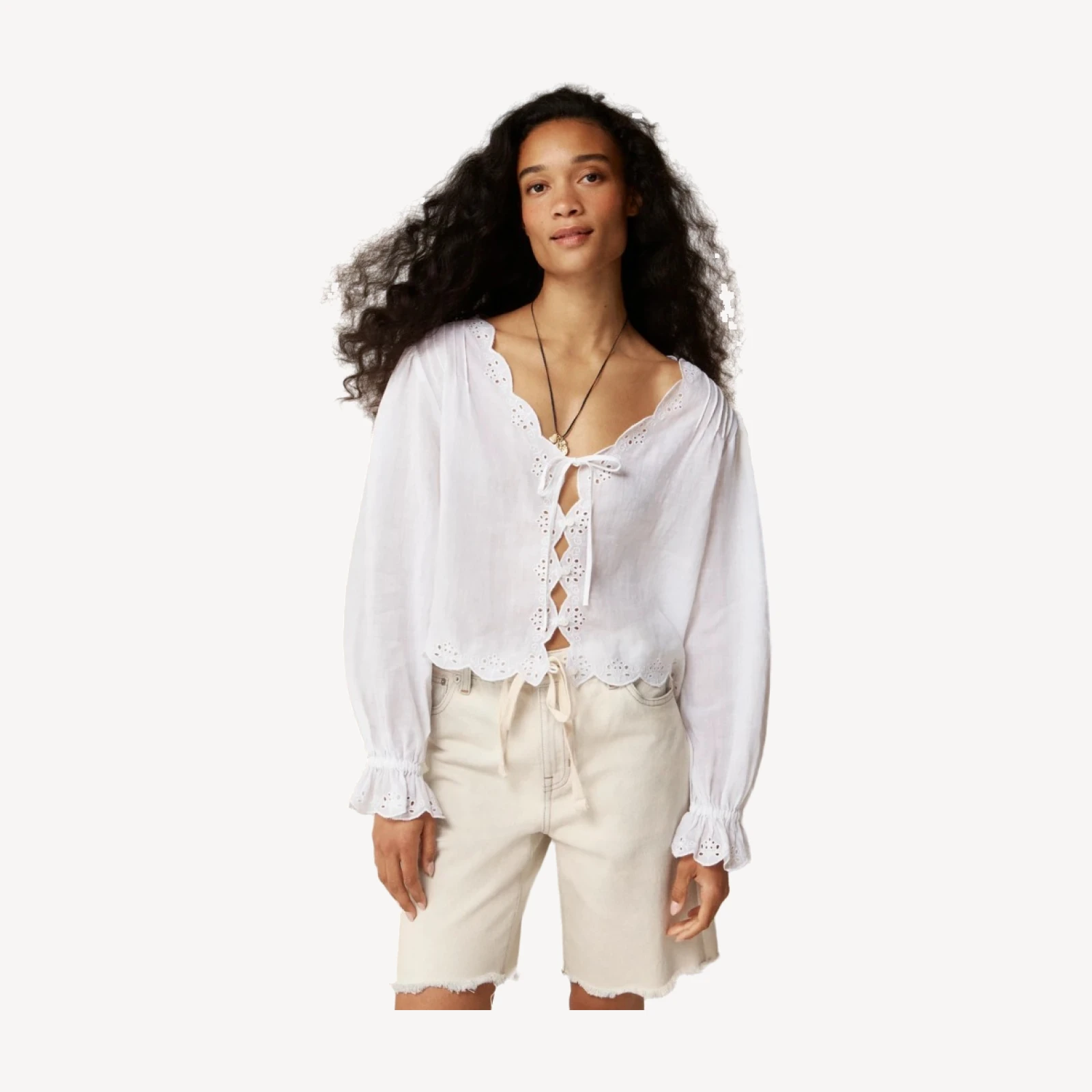 Scallop-trim tie-front top in ramie