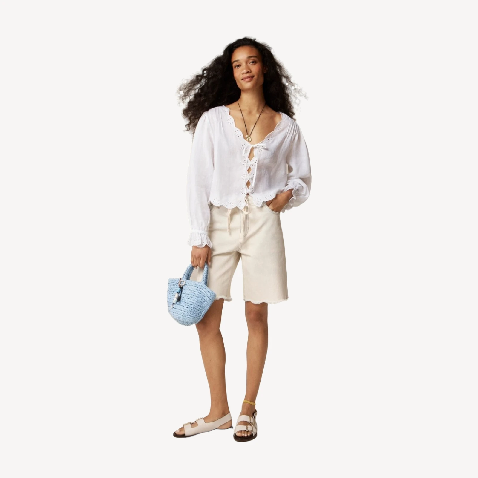 Scallop-trim tie-front top in ramie