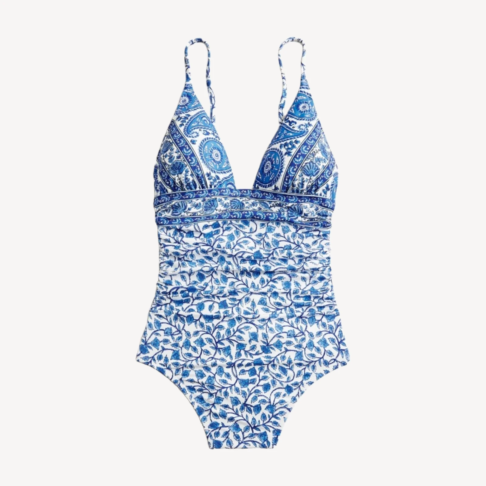 Ruched plunge one-piece in bandana block print