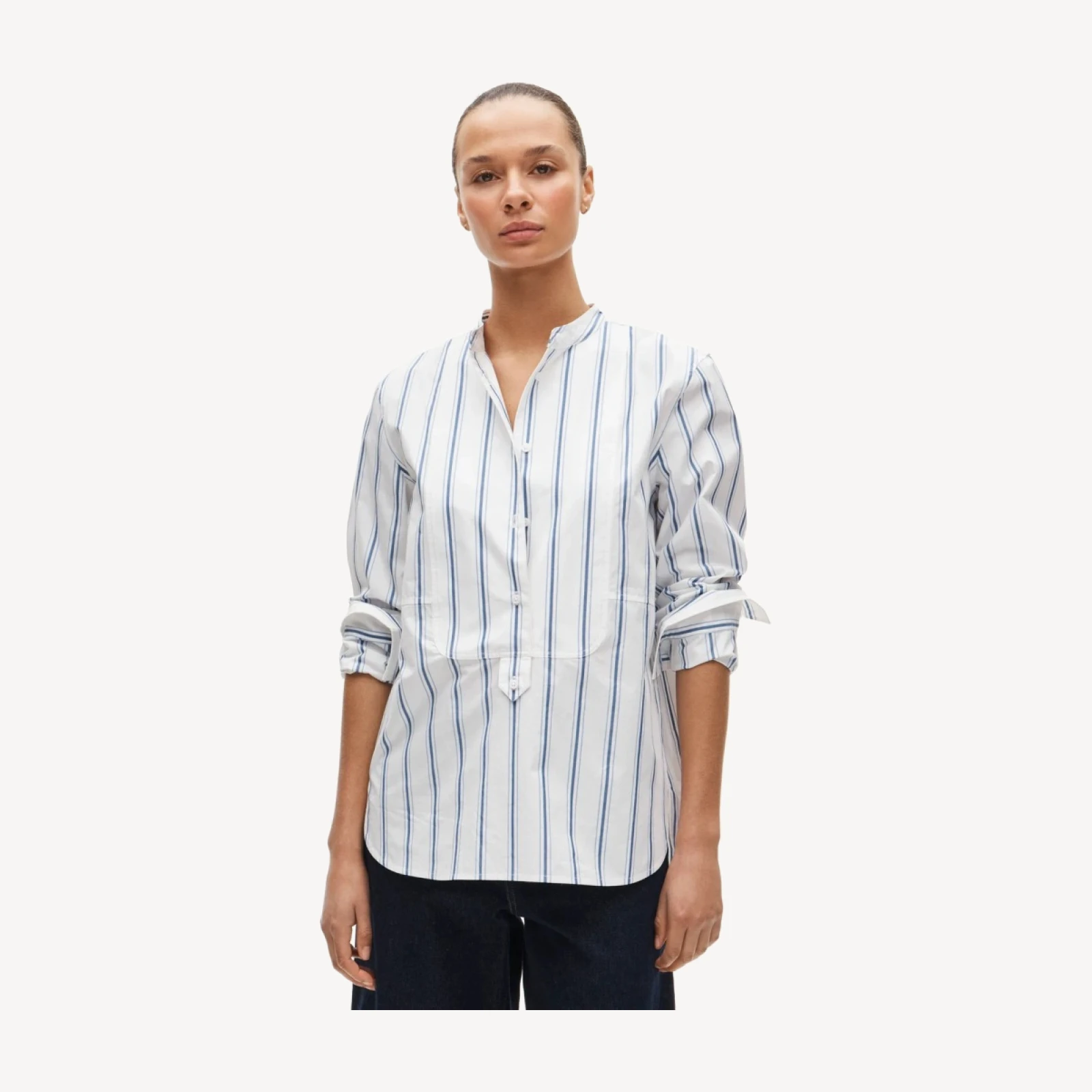 Tuxedo-bib button-up shirt in striped cotton poplin