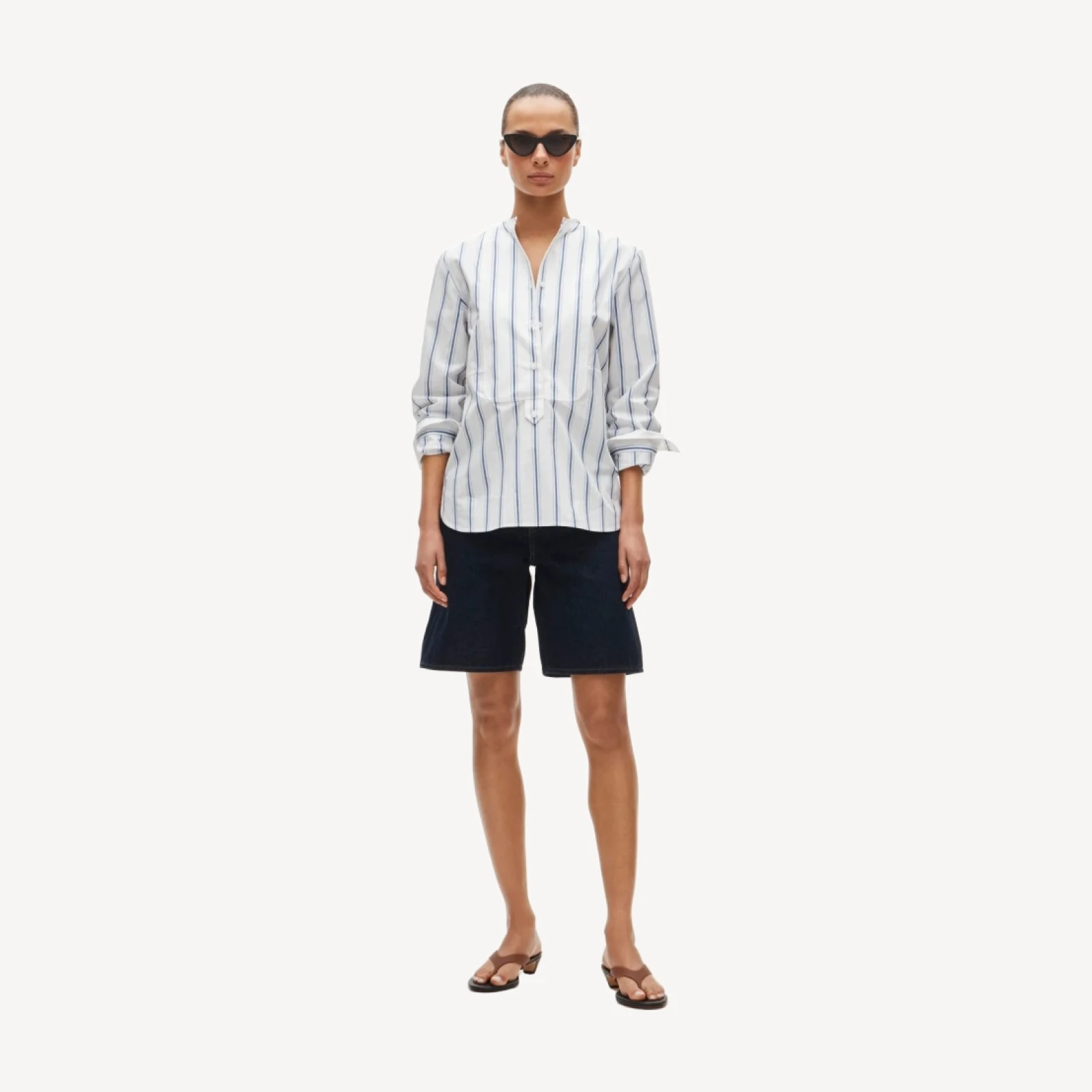 Tuxedo-bib button-up shirt in striped cotton poplin